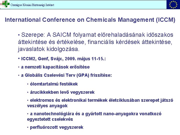 Országos Kémiai Biztonsági Intézet International Conference on Chemicals Management (ICCM) • Szerepe: A SAICM