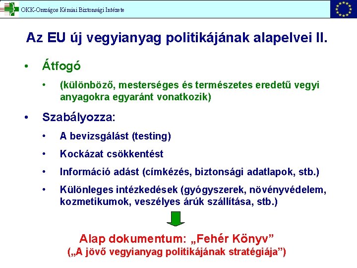 OKK-Országos Kémiai Biztonsági Intézete Az EU új vegyianyag politikájának alapelvei II. • Átfogó •