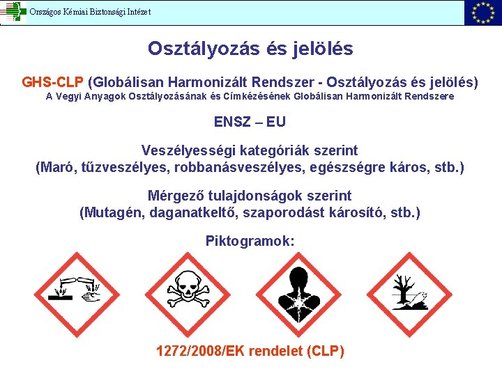 Országos Kémiai Biztonsági Intézet Osztályozás és jelölés GHS-CLP (Globálisan Harmonizált Rendszer - Osztályozás és