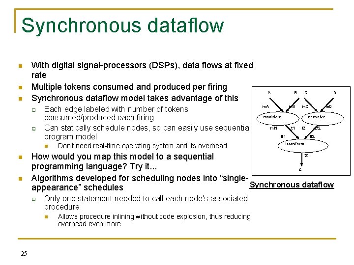 Synchronous dataflow n n n With digital signal-processors (DSPs), data flows at fixed rate