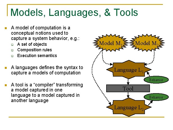 Models, Languages, & Tools n A model of computation is a conceptual notions used