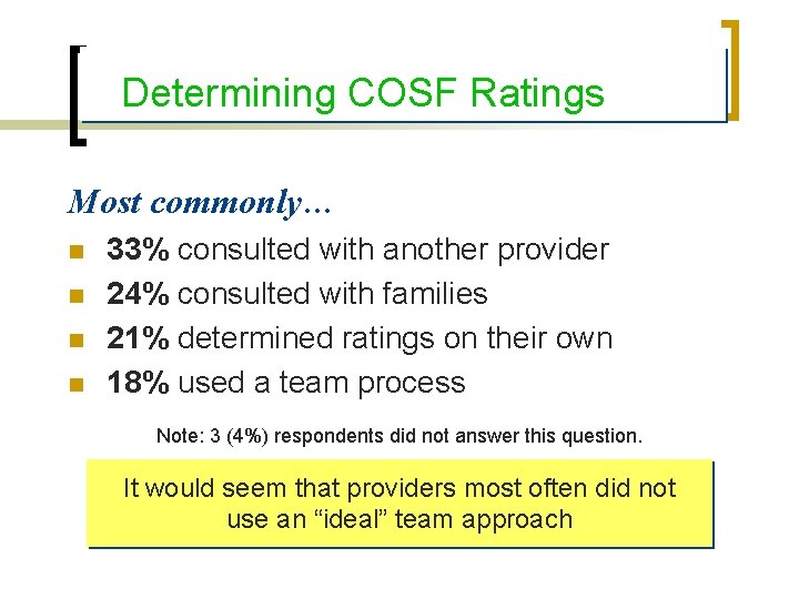 Determining COSF Ratings Most commonly… n n 33% consulted with another provider 24% consulted