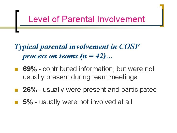 Level of Parental Involvement Typical parental involvement in COSF process on teams (n =