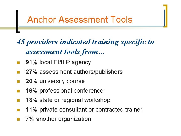 Anchor Assessment Tools 45 providers indicated training specific to assessment tools from… n 91%