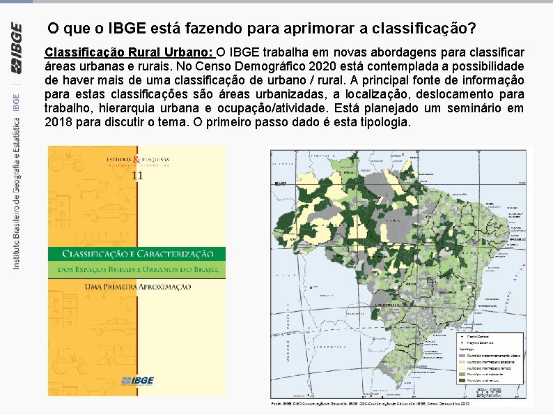 O que o IBGE está fazendo para aprimorar a classificação? Classificação Rural Urbano: O