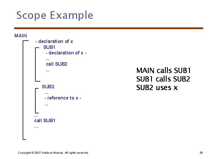 Scope Example MAIN - declaration of x SUB 1 - declaration of x. .