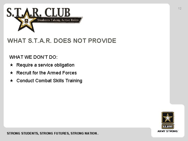 12 WHAT S. T. A. R. DOES NOT PROVIDE WHAT WE DON’T DO: Require