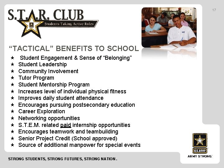 17 “TACTICAL” BENEFITS TO SCHOOL Student Engagement & Sense of “Belonging” Student Leadership Community