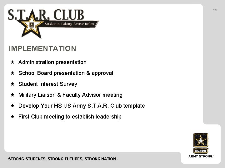 19 IMPLEMENTATION Administration presentation School Board presentation & approval Student Interest Survey Military Liaison