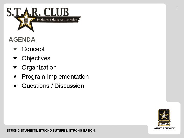 3 AGENDA Concept Objectives Organization Program Implementation Questions / Discussion STRONG STUDENTS, STRONG FUTURES,
