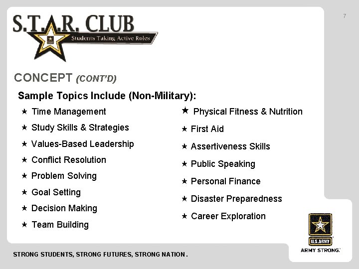 7 CONCEPT (CONT’D) Sample Topics Include (Non-Military): Time Management Physical Fitness & Nutrition Study