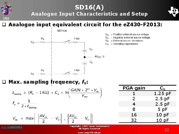 SD 16(A) UBI Analogue Input Characteristics and Setup q Analogue input equivalent circuit for