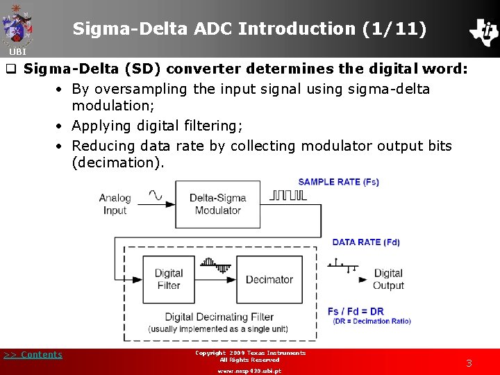 Sigma-Delta ADC Introduction (1/11) UBI q Sigma-Delta (SD) converter determines the digital word: •