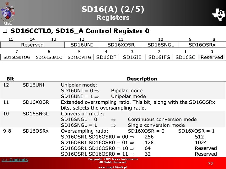 SD 16(A) (2/5) UBI Registers q SD 16 CCTL 0, SD 16_A Control Register