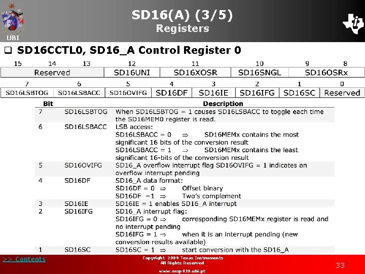 SD 16(A) (3/5) UBI Registers q SD 16 CCTL 0, SD 16_A Control Register