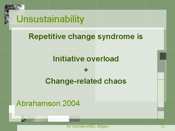 Unsustainability Repetitive change syndrome is Initiative overload + Change-related chaos Abrahamson 2004 AH Keynote