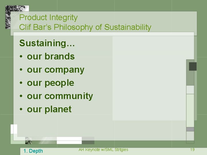 Product Integrity Clif Bar’s Philosophy of Sustainability Sustaining… • our brands • our company