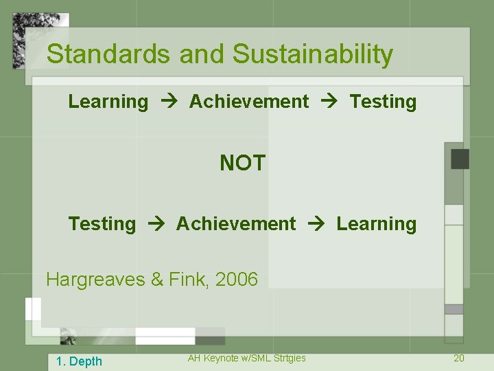 Standards and Sustainability Learning Achievement Testing NOT Testing Achievement Learning Hargreaves & Fink, 2006