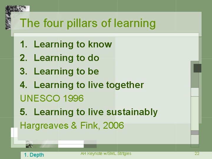 The four pillars of learning 1. Learning to know 2. Learning to do 3.