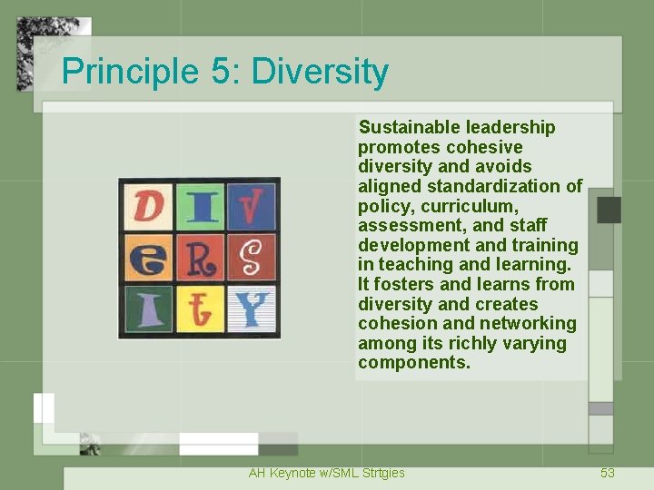 Principle 5: Diversity Sustainable leadership promotes cohesive diversity and avoids aligned standardization of policy,