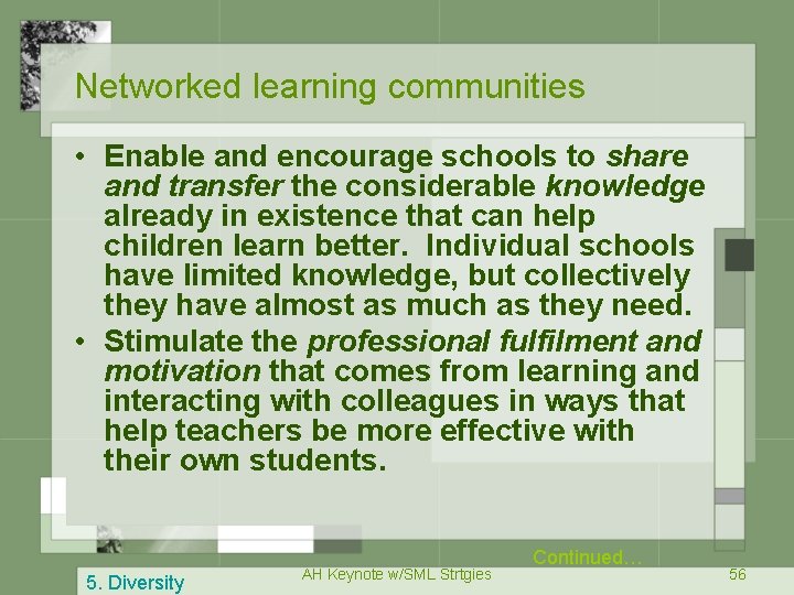 Networked learning communities • Enable and encourage schools to share and transfer the considerable