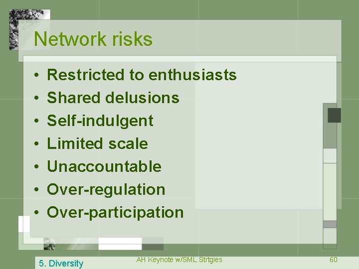 Network risks • • Restricted to enthusiasts Shared delusions Self-indulgent Limited scale Unaccountable Over-regulation