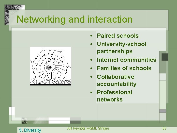 Networking and interaction • Paired schools • University-school partnerships • Internet communities • Families