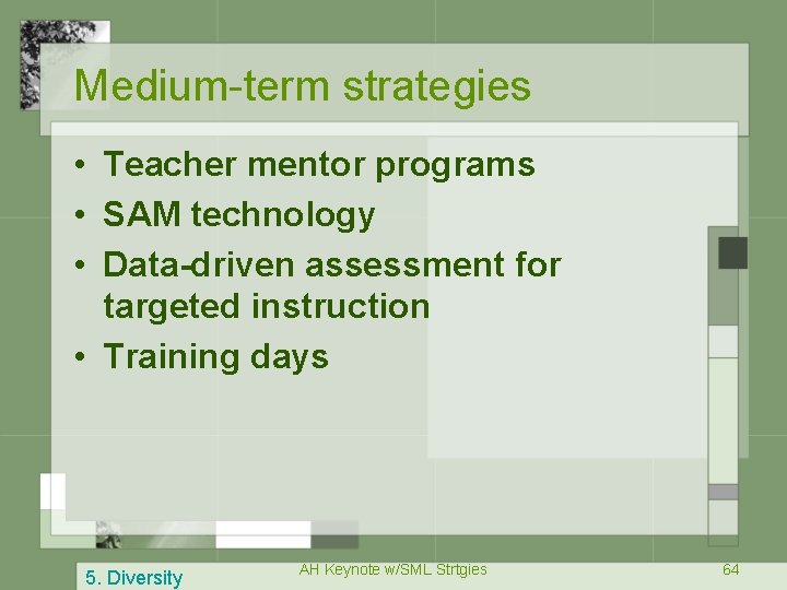 Medium-term strategies • Teacher mentor programs • SAM technology • Data-driven assessment for targeted