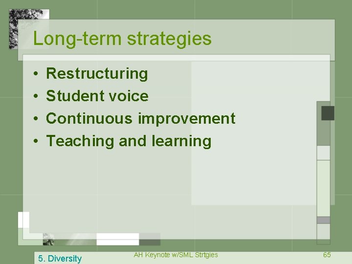 Long-term strategies • • Restructuring Student voice Continuous improvement Teaching and learning 5. Diversity