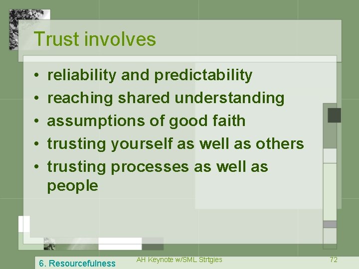 Trust involves • • • reliability and predictability reaching shared understanding assumptions of good