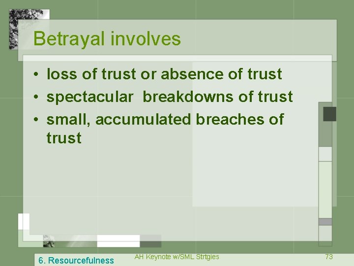 Betrayal involves • loss of trust or absence of trust • spectacular breakdowns of