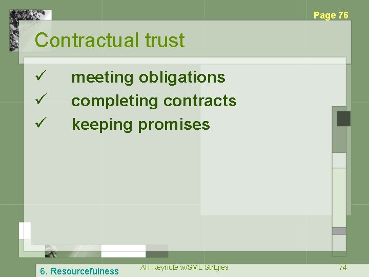 Page 76 Contractual trust ü ü ü meeting obligations completing contracts keeping promises 6.