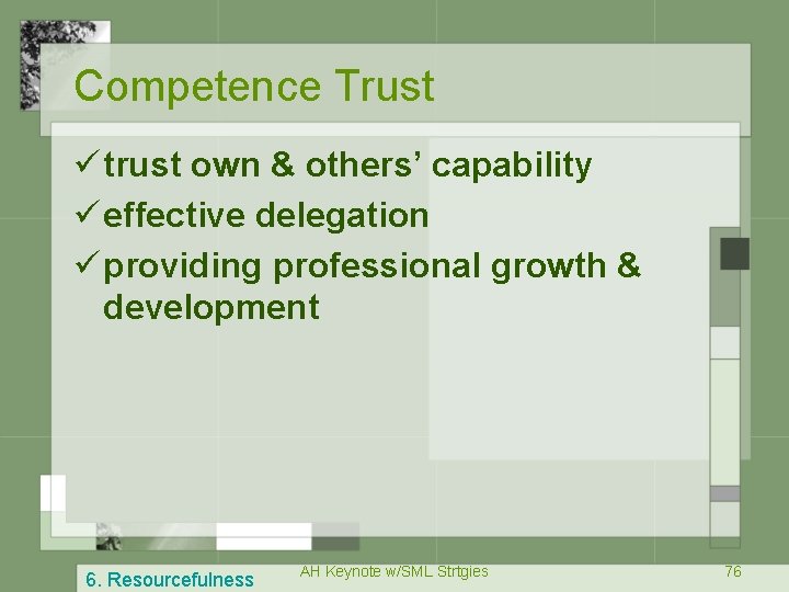 Competence Trust ü trust own & others’ capability ü effective delegation ü providing professional