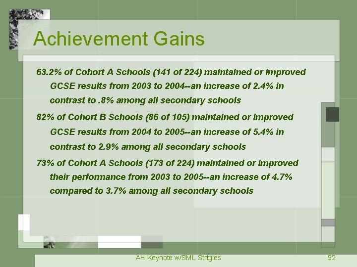Achievement Gains 63. 2% of Cohort A Schools (141 of 224) maintained or improved