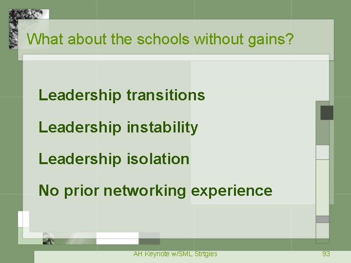 What about the schools without gains? Leadership transitions Leadership instability Leadership isolation No prior