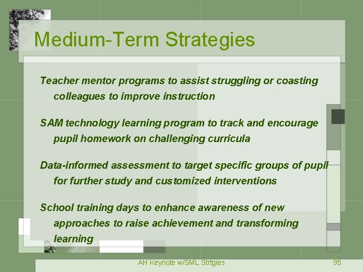 Medium-Term Strategies Teacher mentor programs to assist struggling or coasting colleagues to improve instruction