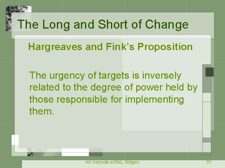 The Long and Short of Change Hargreaves and Fink’s Proposition The urgency of targets