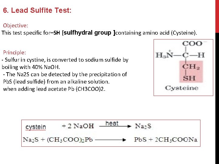 6. Lead Sulfite Test: Objective: This test specific for–SH [sulfhydral group ]containing amino acid