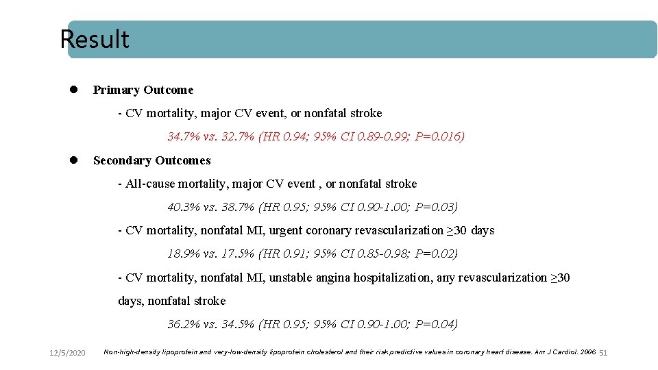 Result l Primary Outcome - CV mortality, major CV event, or nonfatal stroke 34.