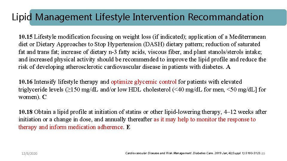 Lipid Management Lifestyle Intervention Recommandation 10. 15 Lifestyle modification focusing on weight loss (if