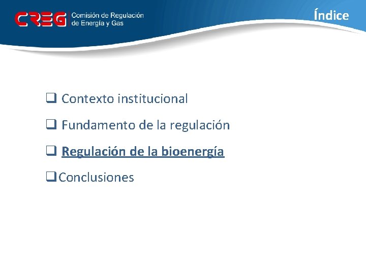 Índice q Contexto institucional q Fundamento de la regulación q Regulación de la bioenergía