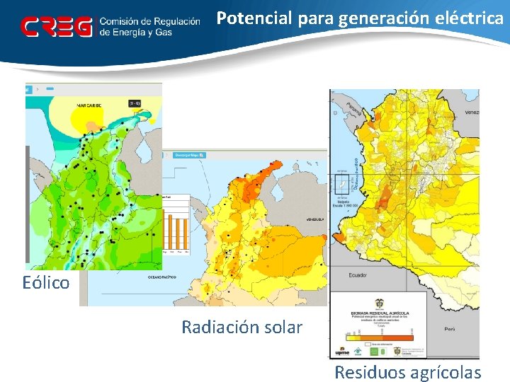 Potencial para generación eléctrica Eólico Radiación solar Residuos agrícolas 