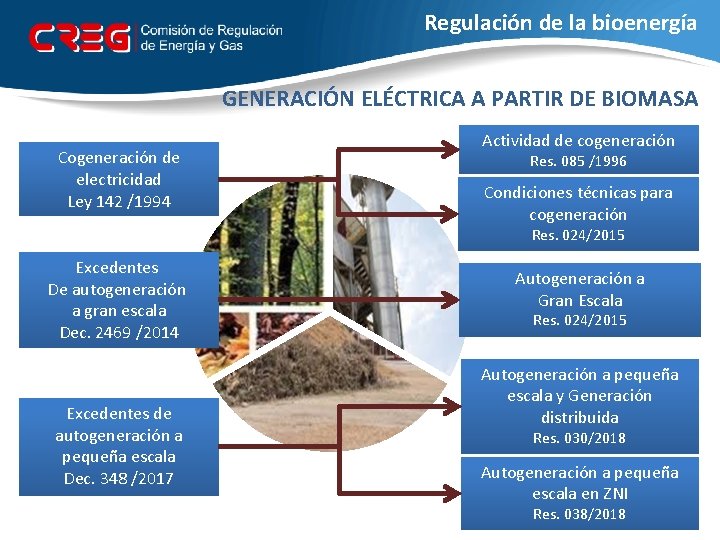 Regulación de la bioenergía GENERACIÓN ELÉCTRICA A PARTIR DE BIOMASA Cogeneración de electricidad Ley