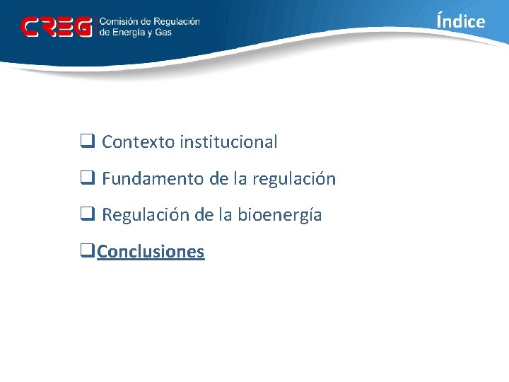 Índice q Contexto institucional q Fundamento de la regulación q Regulación de la bioenergía