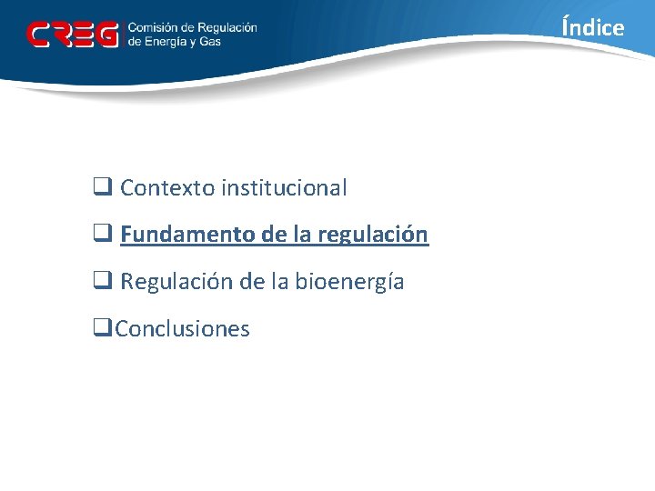 Índice q Contexto institucional q Fundamento de la regulación q Regulación de la bioenergía