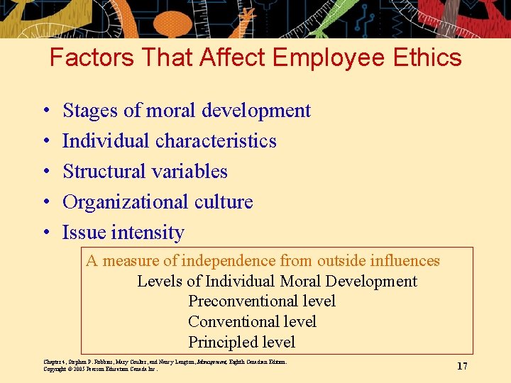 Factors That Affect Employee Ethics • • • Stages of moral development Individual characteristics