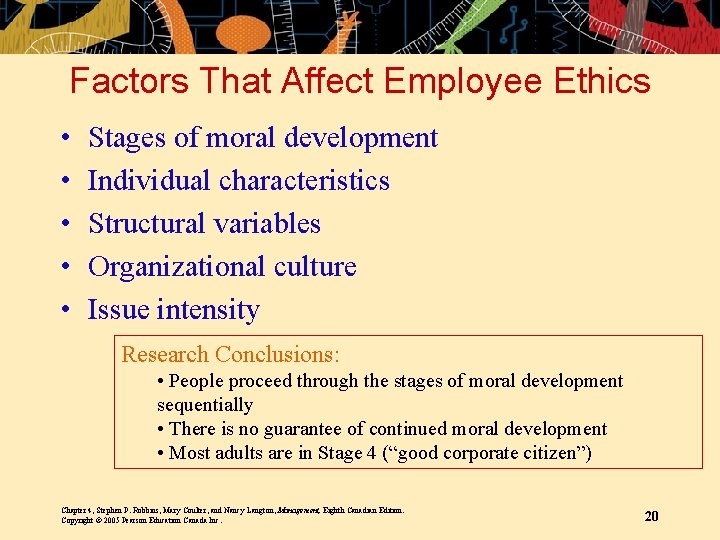 Factors That Affect Employee Ethics • • • Stages of moral development Individual characteristics