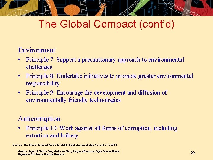 The Global Compact (cont’d) Environment • Principle 7: Support a precautionary approach to environmental