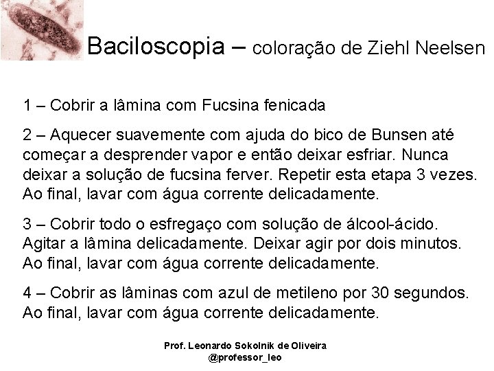 Baciloscopia – coloração de Ziehl Neelsen 1 – Cobrir a lâmina com Fucsina fenicada