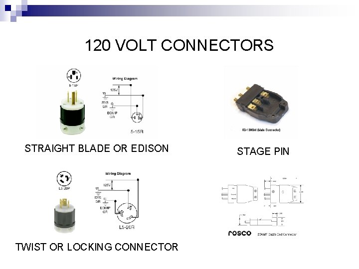 120 VOLT CONNECTORS STRAIGHT BLADE OR EDISON TWIST OR LOCKING CONNECTOR STAGE PIN 